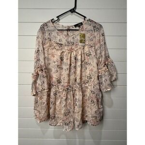 Suzanne Betro Womens XL Floral Print Ruffle Tiered Sheer Peasant Blouse‎ Top NWT